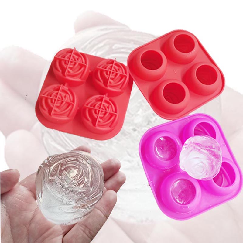 Silicone 3D Rose Ice Mold Khay đá lớn, làm cho 4 viên đá hình hoa dễ thương, Silicone Cao su vui vẻ Maker Ice Ball cho Cocktail Juice Whiskey Bourbon Freezer, máy rửa chén an toàn, ba màu